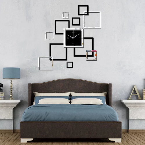 3D Diy Acrylic Wall Clock Modern Design Clock Decoration Living Room Quartz Acrylic Creative Square Mirror Stereo Wooden Wall Clock - Acrylic Wall Clock Golden Black / Silver Black