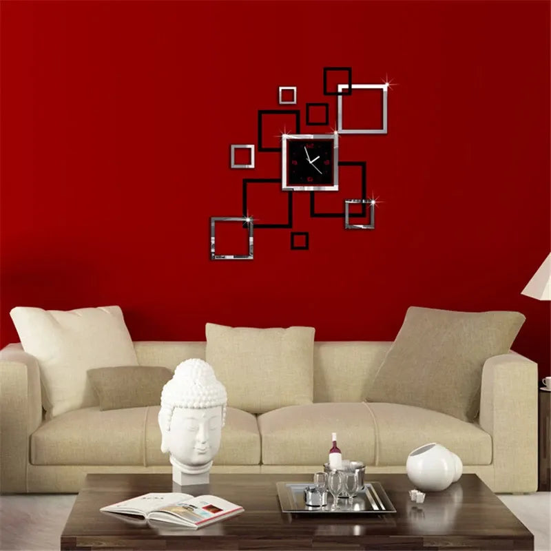 3D Diy Acrylic Wall Clock Modern Design Clock Decoration Living Room Quartz Acrylic Creative Square Mirror Stereo Wooden Wall Clock - Acrylic Wall Clock Golden Black / Silver Black